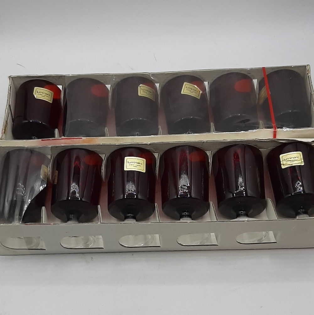Vintage Luminarc France Ruby Red Stemmed Cordial Shot Glasses Set of 12 NEW